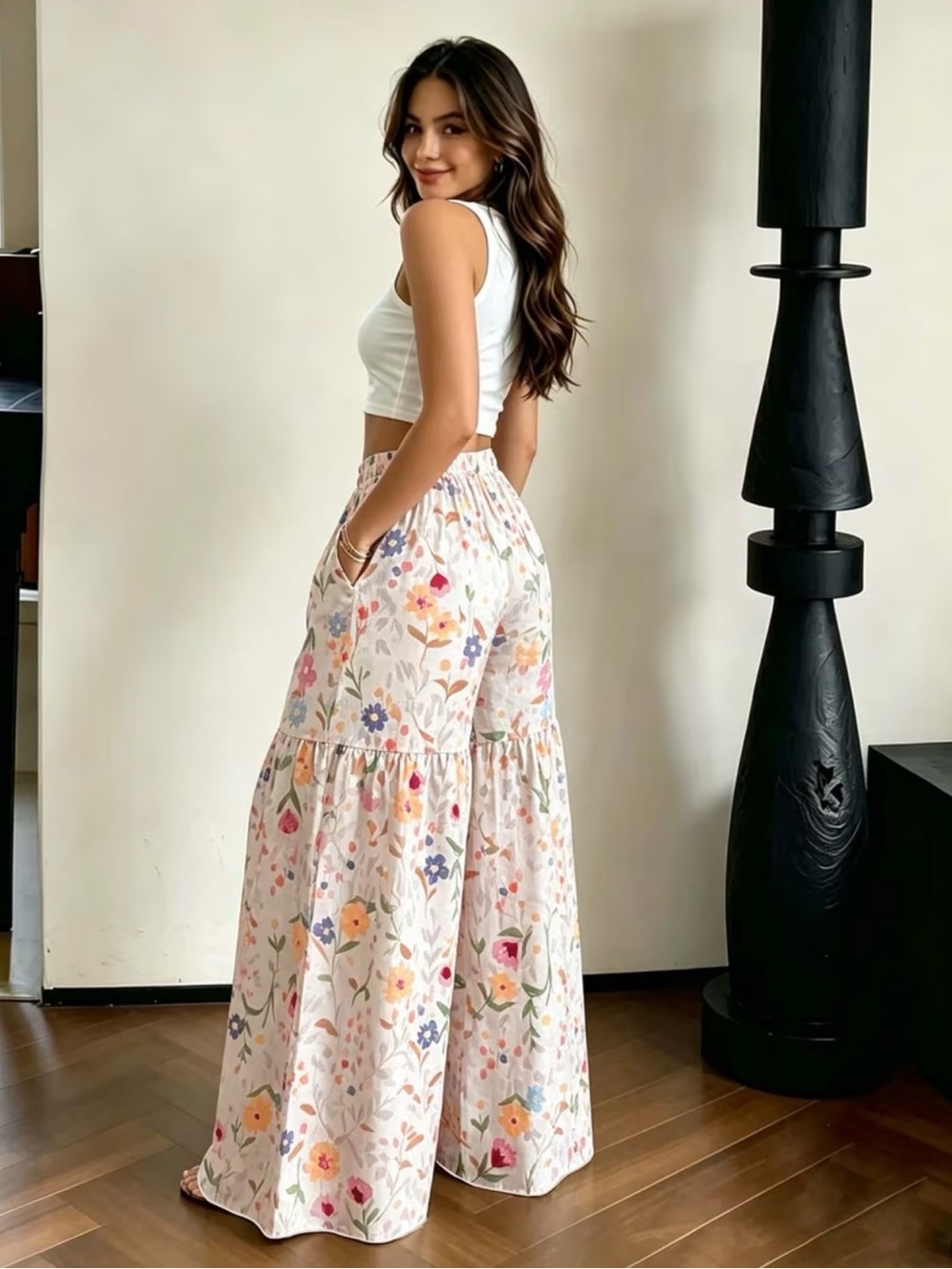 Floral Wide-Leg Palazzo Pants with Pockets - High Waist New Boutique - Picture 5 of 6